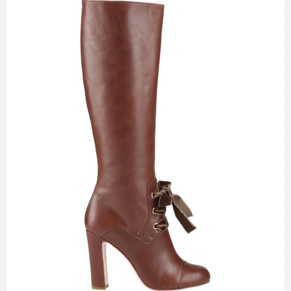 RED VALENTINO Tall Brown Knee High Leather Boots Velvet Lace Up